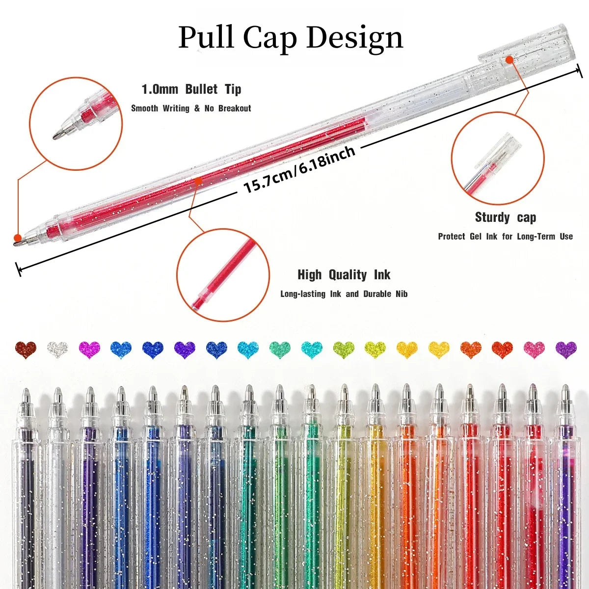 A collection of colorful glitter gel pens with 1.0 mm tips displayed in a row.