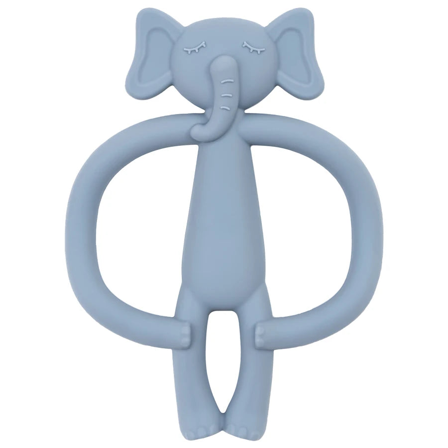 A light blue silicone elephant teething toy with large ears and a trunk.