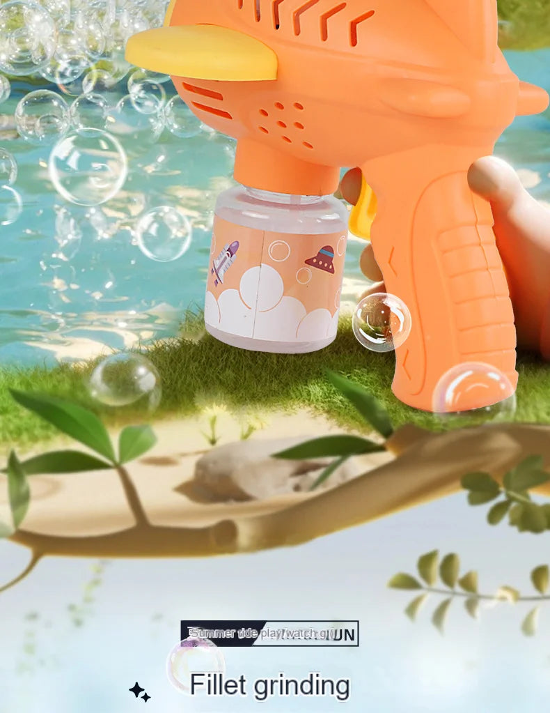 An orange bear-shaped automatic bubble gun is shown spraying bubbles near green grass and water.