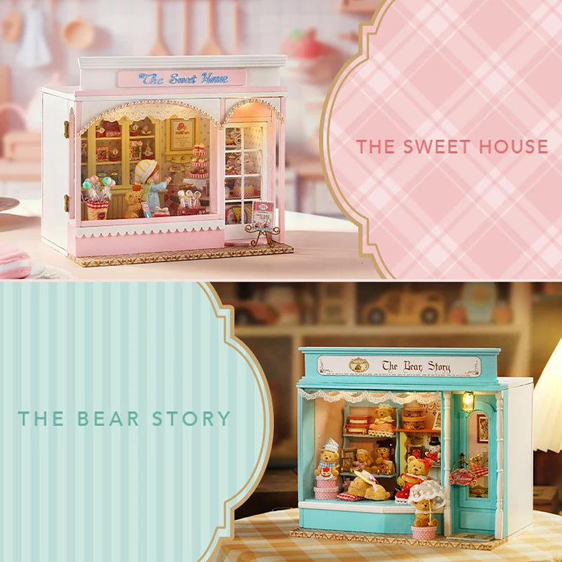 Wooden Dollhouse Kit with Furniture and Lighting