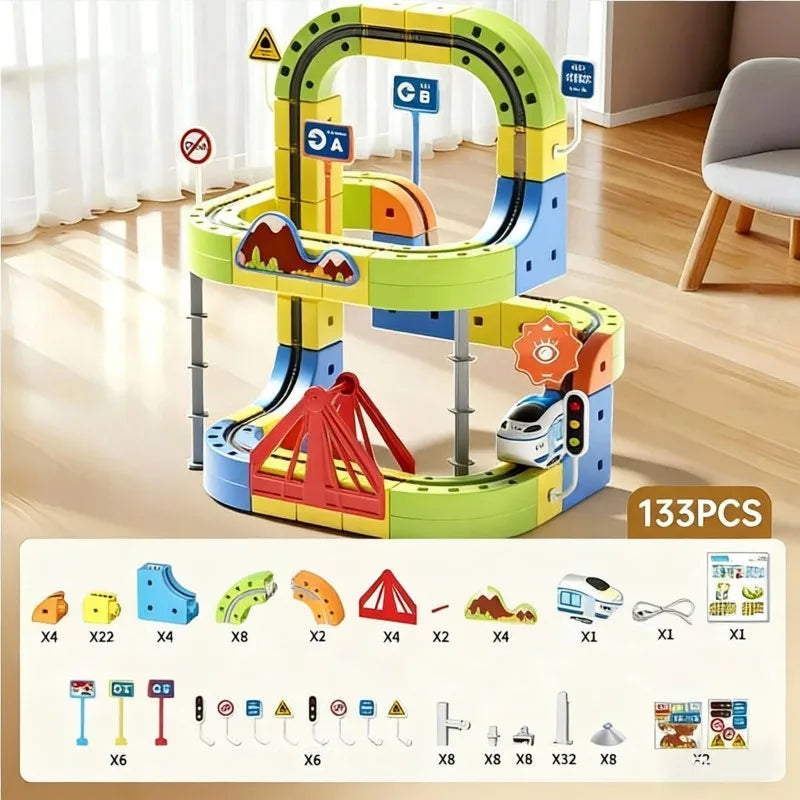 A colorful magnetic building blocks train set with a 3D track and various pieces for construction.