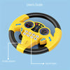 A yellow interactive steering wheel toy with black rim, featuring gauges and buttons.