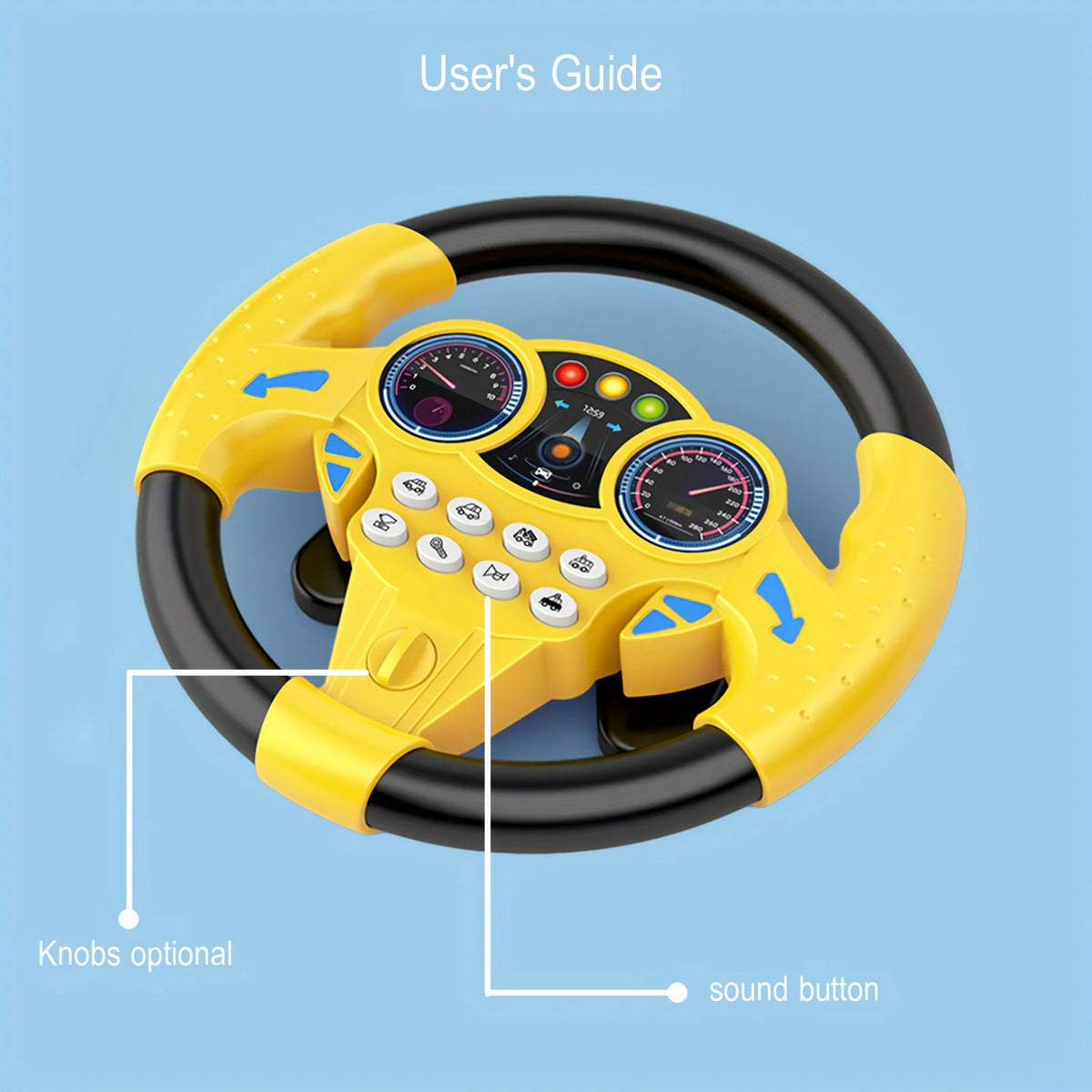 A yellow interactive steering wheel toy with black rim, featuring gauges and buttons.