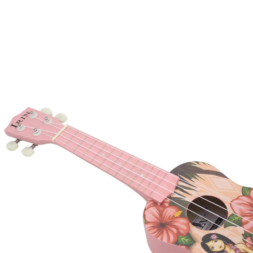 Pink ukulele with a Hawaiian floral design and light pink fretboard