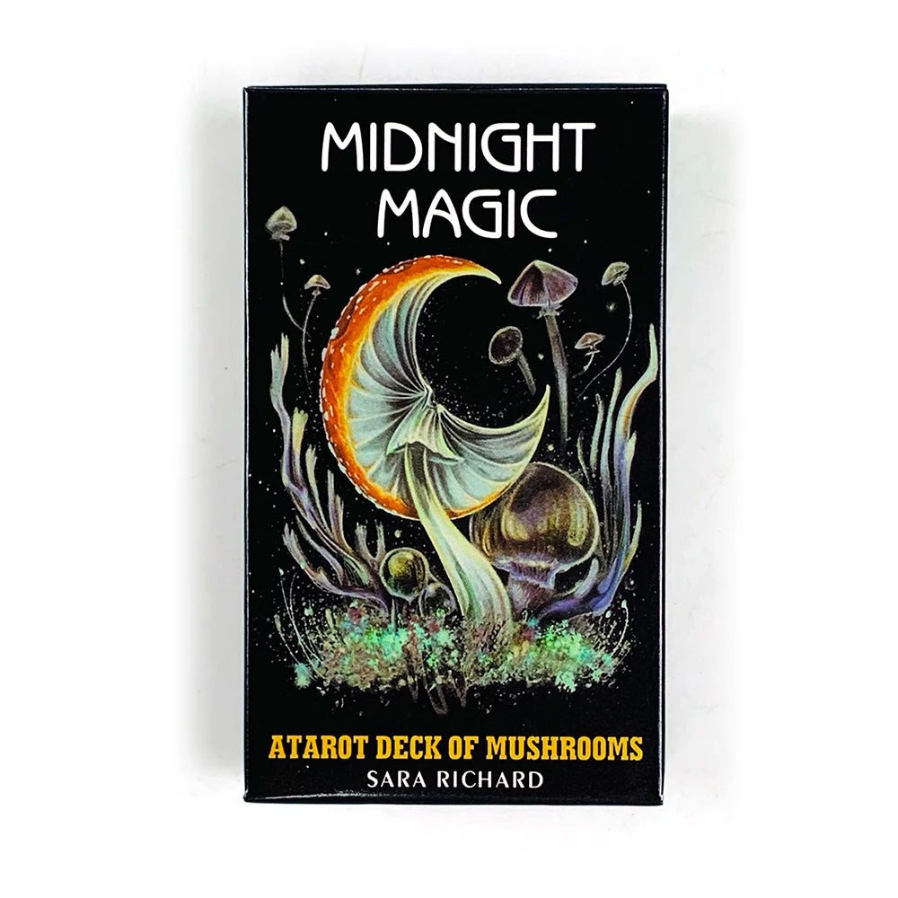 A black box featuring the Midnight Magic Tarot Deck of Mushrooms by Sara Richard.