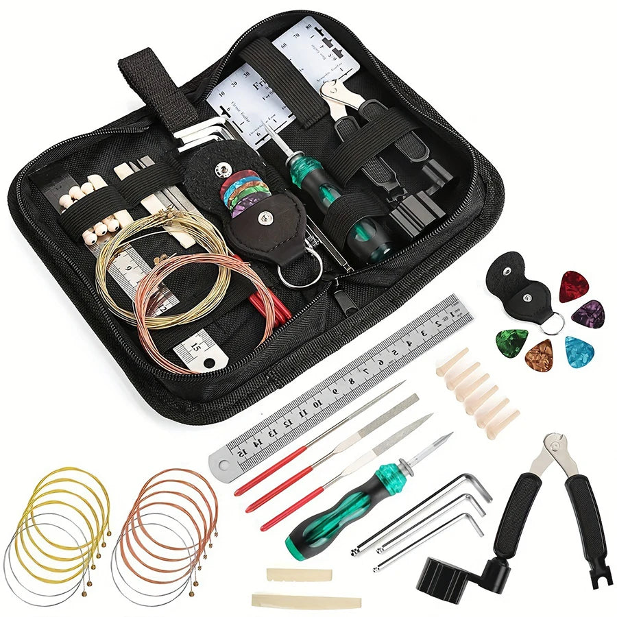 A black tool kit for guitar repair and maintenance, including various tools like picks, files, and tuning devices.