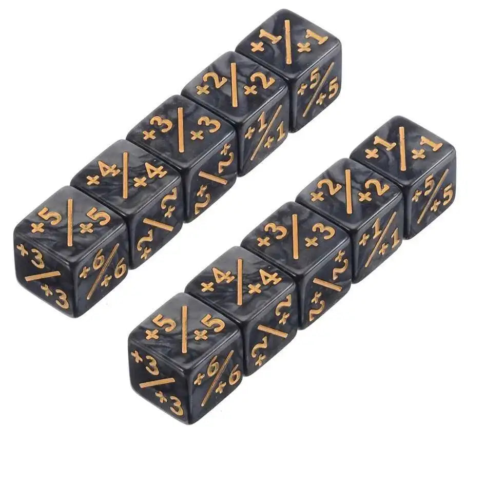 A set of ten dual-color counting dice showing values from +1 to +5 and -1 to -5.