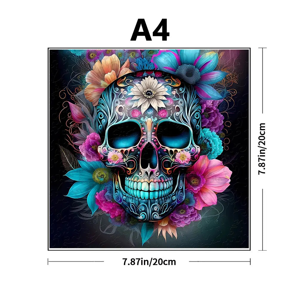 A detailed illustration of a skull adorned with vibrant flowers and foliage, suitable for an adult jigsaw puzzle.