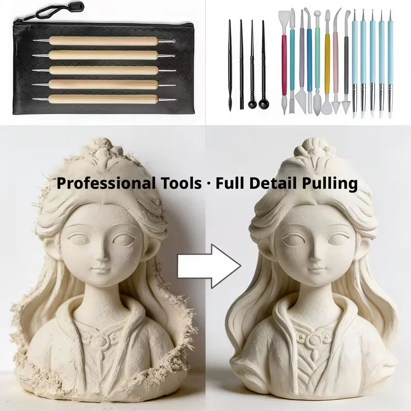 A set of professional pottery and clay carving tools, including various sculpting and pulling implements.
