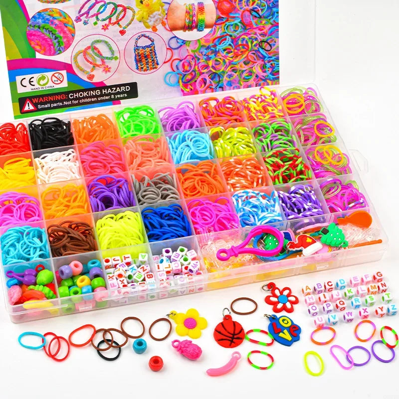 A colorful Rainbow Loom Bands kit for kids showing various colored rubber bands and accessories for DIY bracelet making.