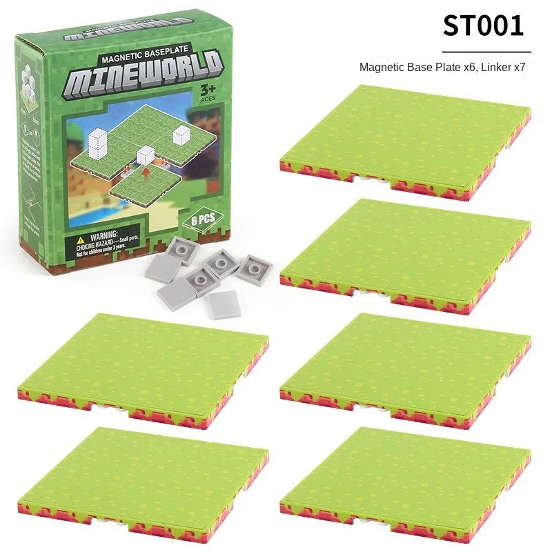 A set of six magnetic base plates and seven linkers for the Mineworld building block game.