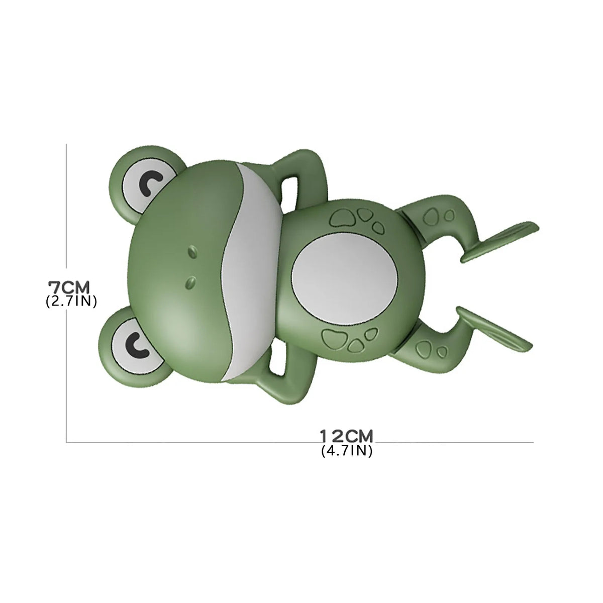 A green wind-up frog bath toy for kids with large eyes and appendages.