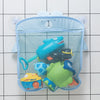 A light blue cartoon duck-shaped mesh bag filled with various colorful bath toys like a blue shark and a green rubber duck.