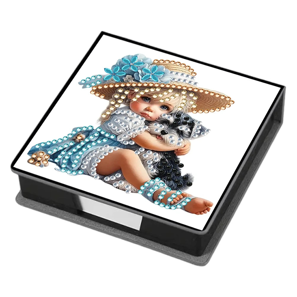 A leather diamond painting kit featuring a detailed illustration of a baby girl with flowers and a crown.