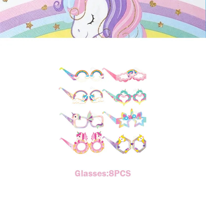 A set of eight sparkly unicorn-themed glasses for a girls' birthday celebration kit.