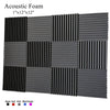 A set of acoustic foam panels in black, grey, and blue/purple colors, measuring 1"x12".