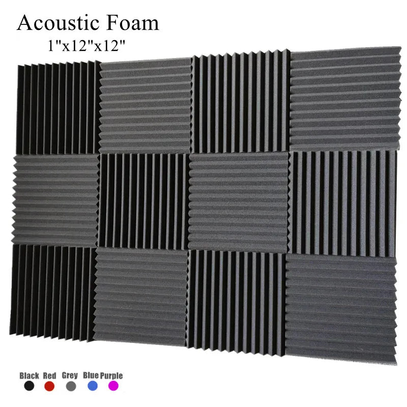 A set of acoustic foam panels in black, grey, and blue/purple colors, measuring 1"x12".