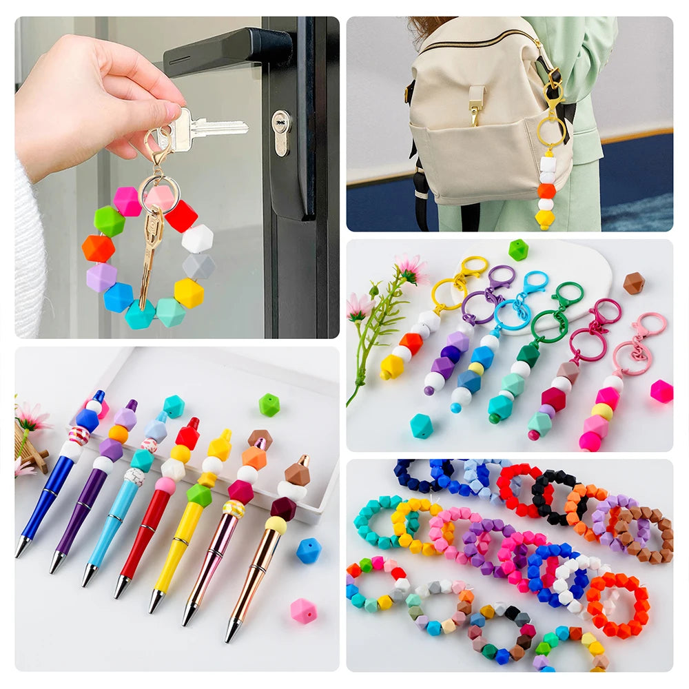A collection of colorful hexagonal silicone beads and jewelry findings for DIY crafting projects.