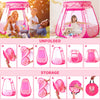 Various views of a pink foldable kids play tent showing unfolded and storage options for indoor and outdoor use.