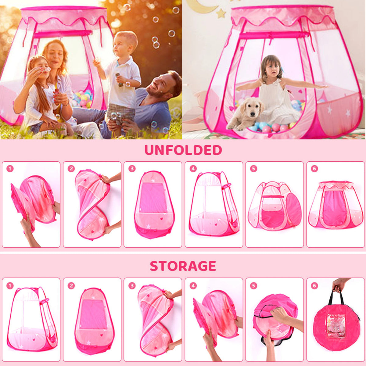Various views of a pink foldable kids play tent showing unfolded and storage options for indoor and outdoor use.