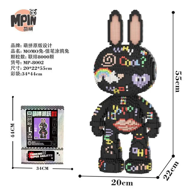 A black graffiti art bear micro building block kit with large ears and detailed features.