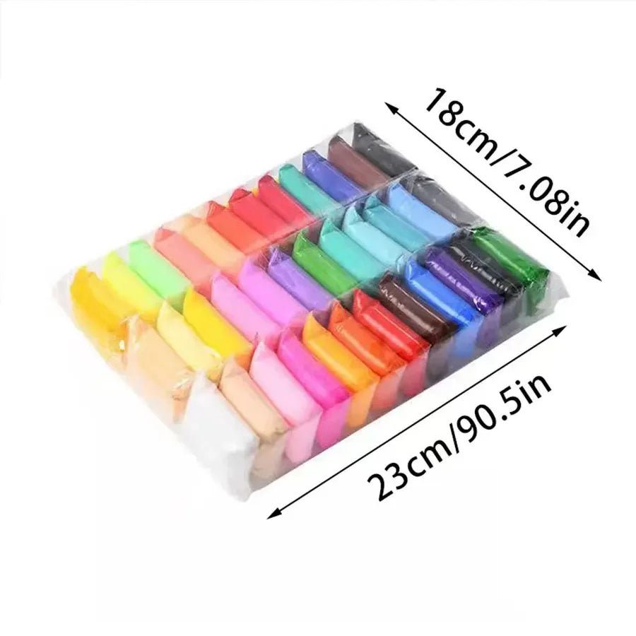A set of 36-color air-dry clay paints arranged in a rectangular tray with carving tools.