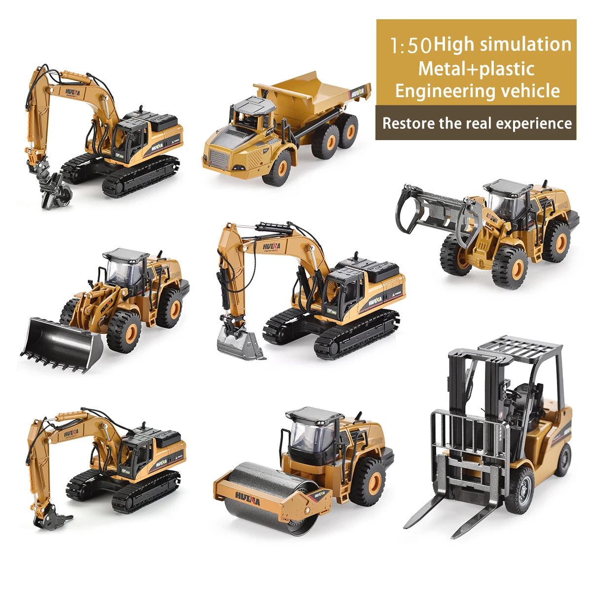 A collection of 1:50 scale metal and plastic engineering vehicles, including various excavators and construction vehicles.
