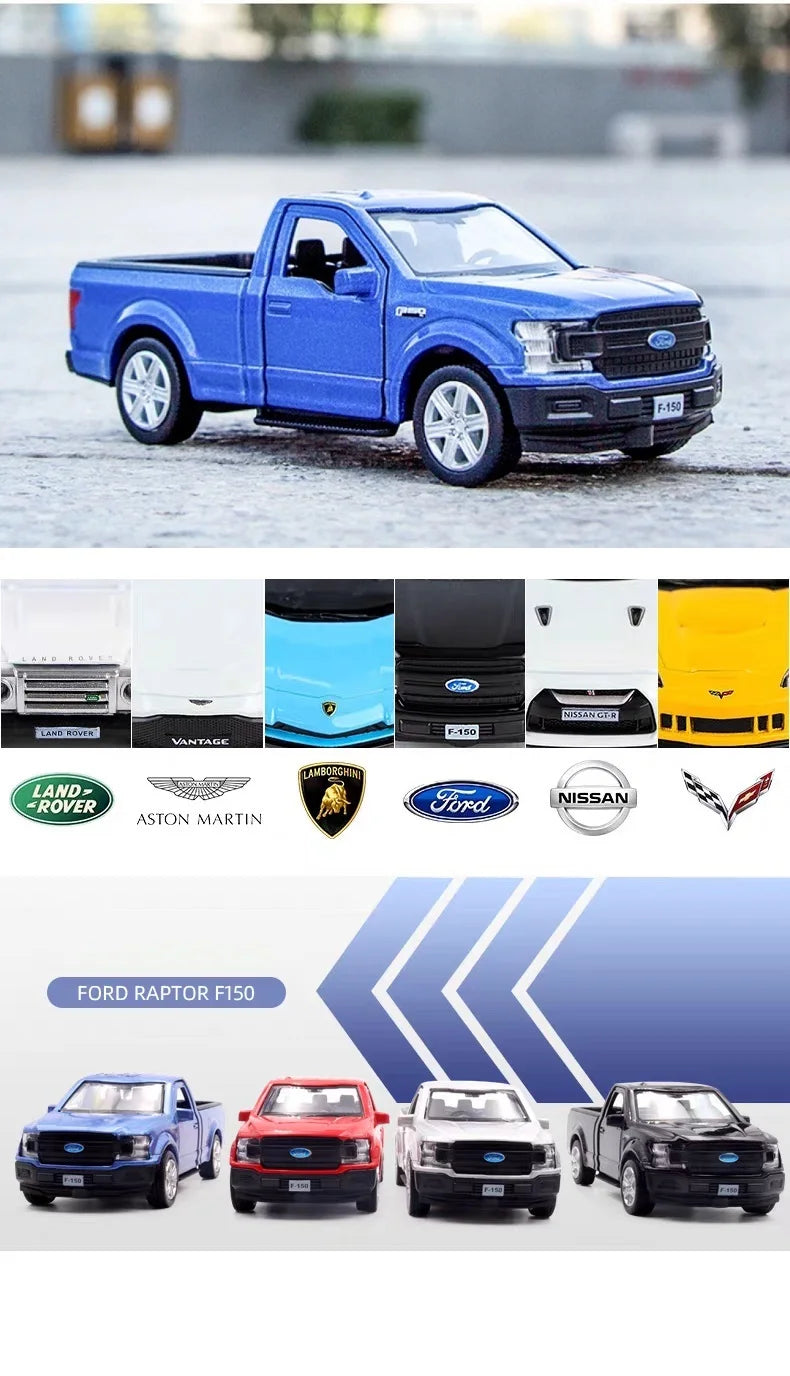 A blue Ford F-150 SVT Raptor 1:36 diecast model truck shown in various colors and models.