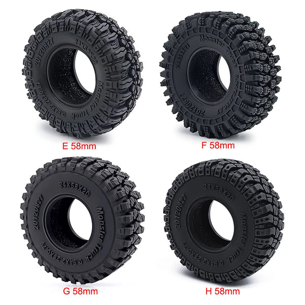 Four black soft rubber tires labeled E, F, G, and H, showing different tread patterns and sizes.
