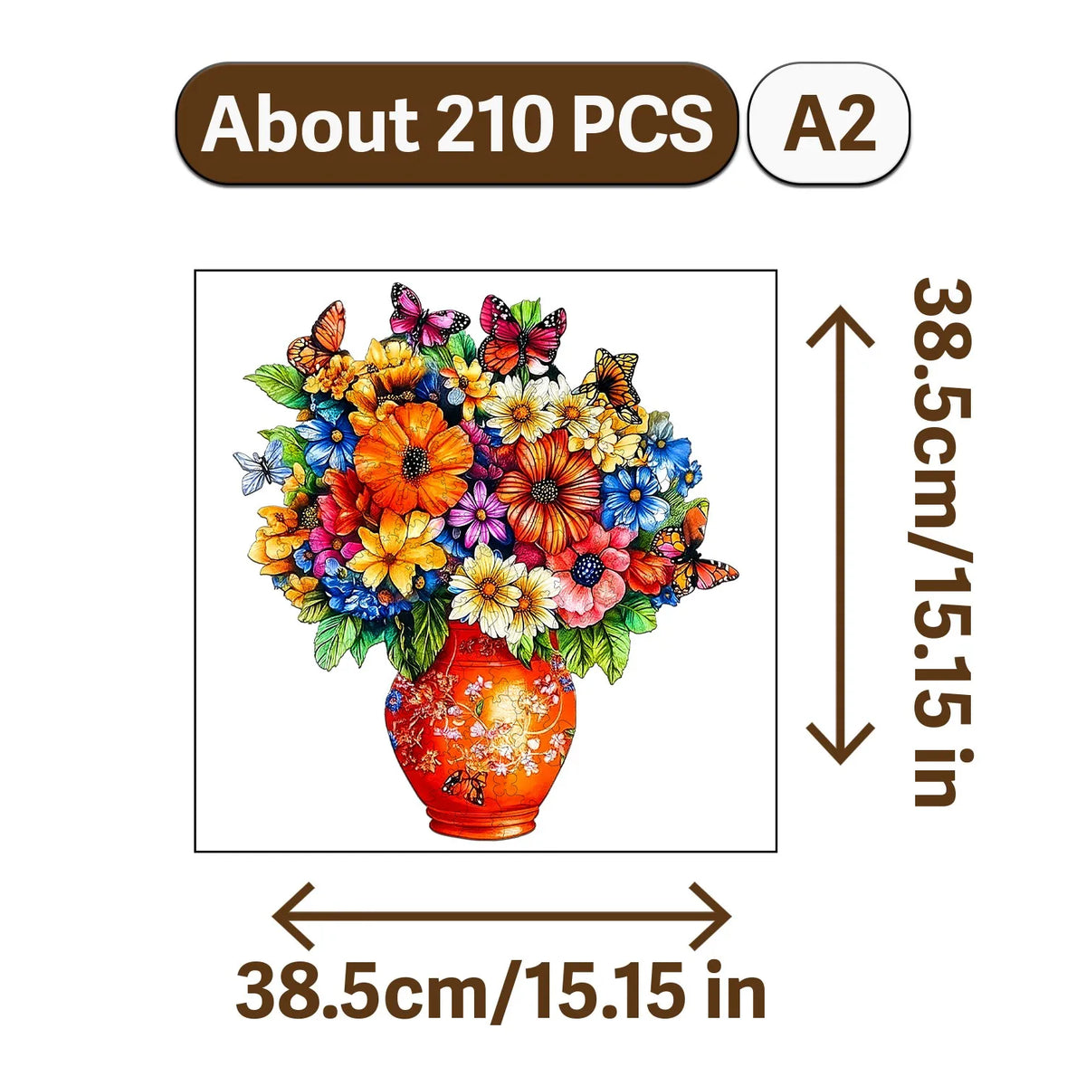 A colorful arrangement of flowers and foliage on an orange ceramic pot, used as a bear and animal wooden jigsaw puzzle.