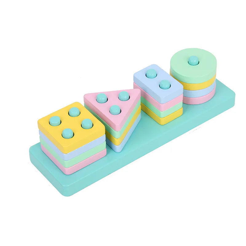 A set of colorful wooden sorting toys featuring various shapes and colors stacked on a light blue surface.