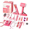 A pink kids hair salon role play set featuring various styling tools like a hairdryer, combs, and scissors.