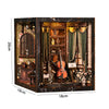 A decorative vintage music room book nook kit featuring wooden furniture, musical instruments, and LED lighting.