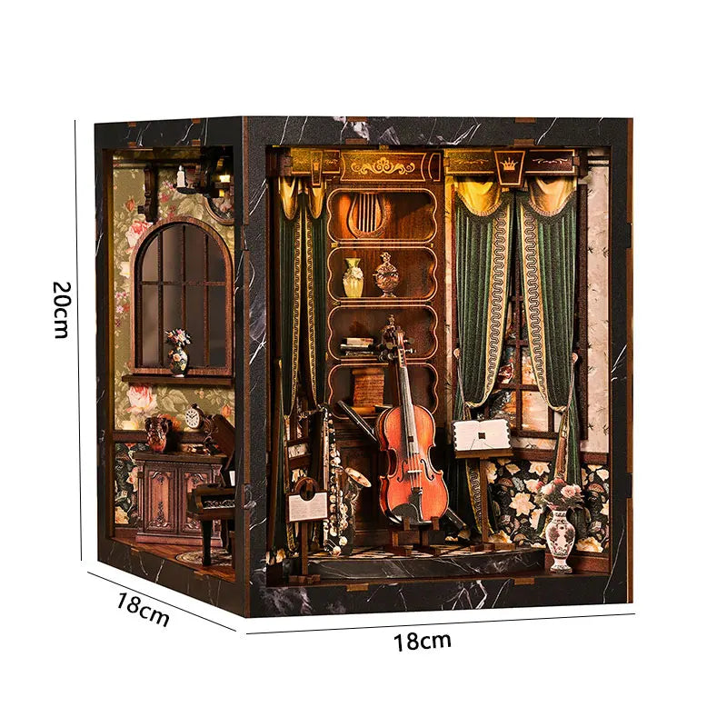 A decorative vintage music room book nook kit featuring wooden furniture, musical instruments, and LED lighting.