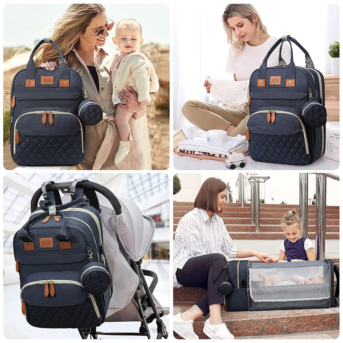 Dunkelblaue Rucksack-Windeltasche mit mehreren Fächern in verschiedenen Kontexten.