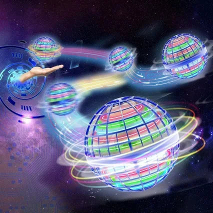 A glowing, colorful sphere is floating in space, surrounded by light trails and other rotating balls.