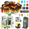A collection of building block treasure chests filled with gold and silver coins, alongside various plastic building blocks.