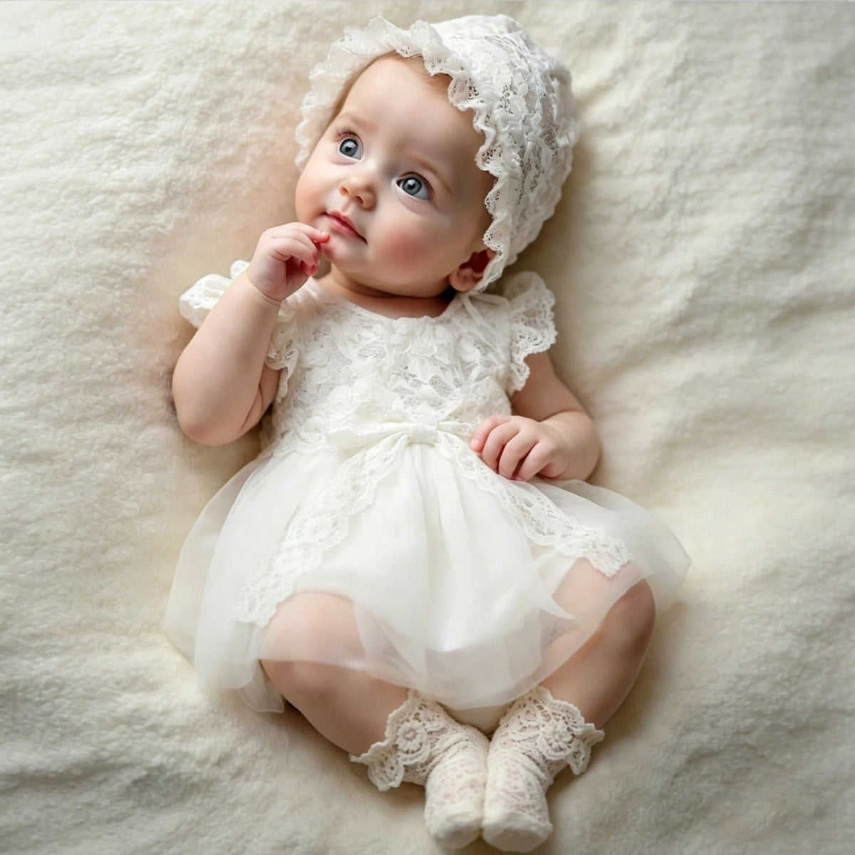 A newborn baby girl wearing a white lace tulle dress and matching hat, lying on a soft, light-colored fabric.