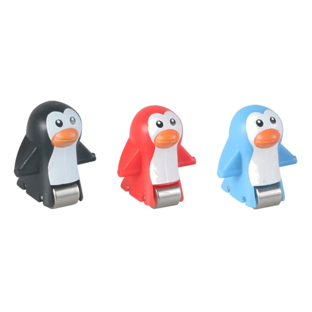 Three plastic animal racing car toys in black, red, and blue colors for climbing stairs and electric track slide.