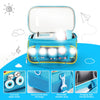 Blue Toniebox travel case with adjustable strap showing various features like eye style zipper heads and sound penetration ne