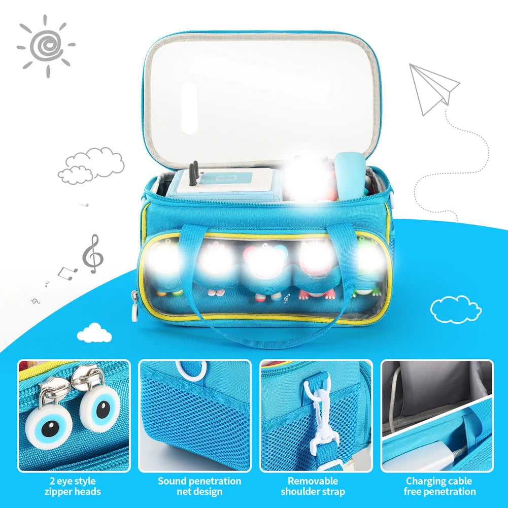 Blue Toniebox travel case with adjustable strap showing various features like eye style zipper heads and sound penetration ne