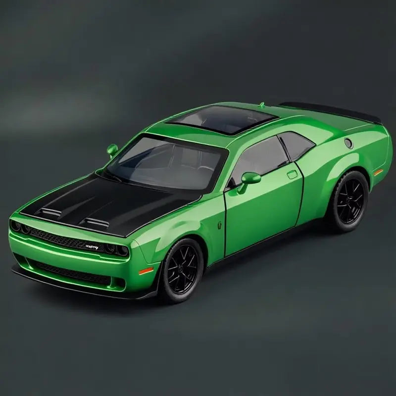 A green Dodge Challenger SRT Hellcat diecast model car viewed from the side.