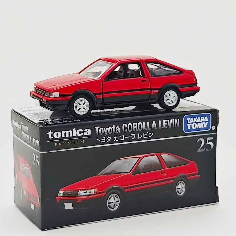 A red Toyota Corolla Levin die-cast model car in a box, featuring the Takara Tomy brand.