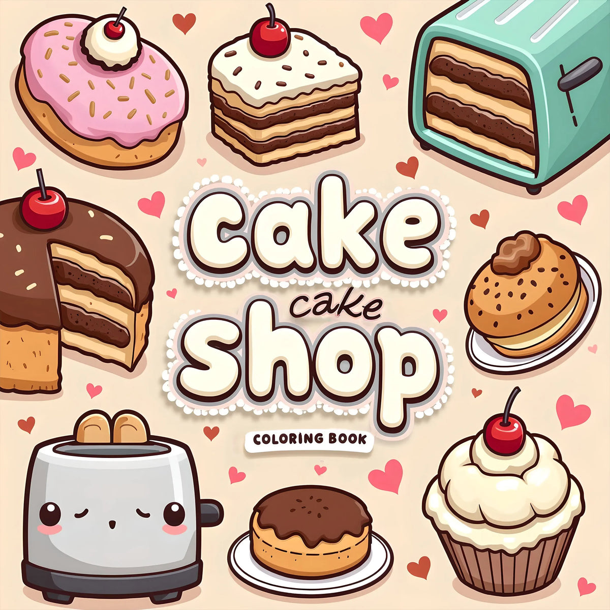 A coloring book page featuring various cute baked goods like cakes, donuts, and cupcakes.