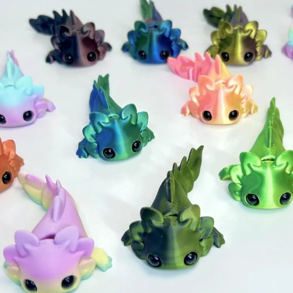 A collection of eight colorful flexible salamander figurines in various shades of green, blue, pink, and orange.