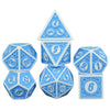 A set of polyhedral dice in light blue and white, including a tetrahedron, octahedron, dodecahedron, and icosahedron.