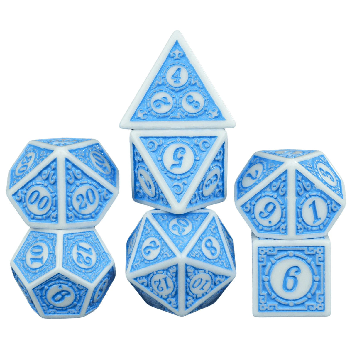 A set of polyhedral dice in light blue and white, including a tetrahedron, octahedron, dodecahedron, and icosahedron.
