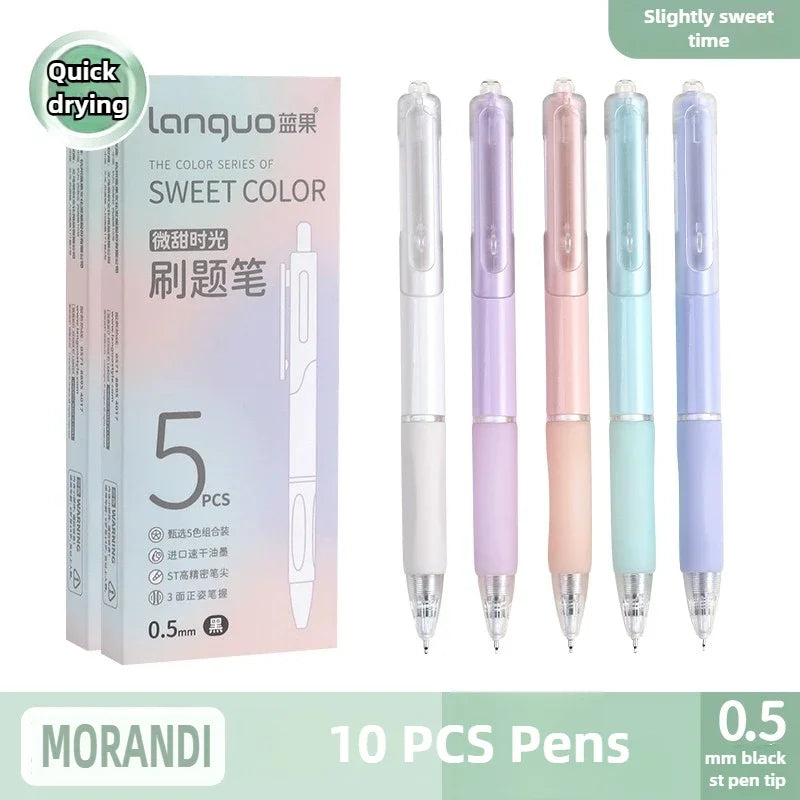 A set of five Morandi 0.5mm quick-drying gel pens in various pastel colors, packaged for sale.