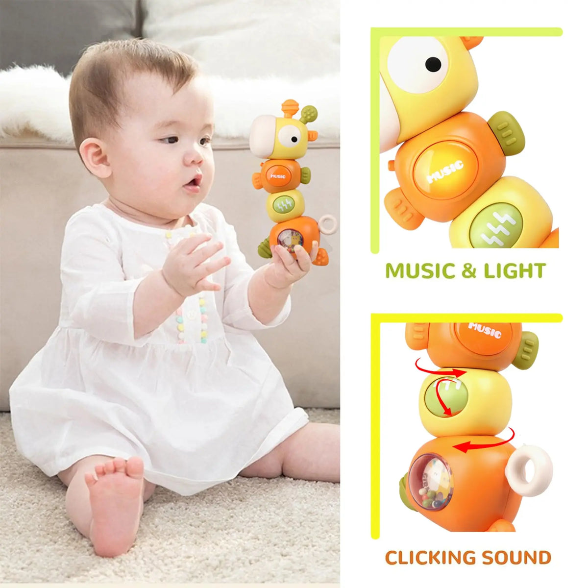 A baby is holding an orange musical giraffe teether toy, with separate images showing music and clicking sound features.