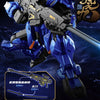 A blue mecha figure in a dynamic pose with an accompanying sword accessory, displayed against a dark background.